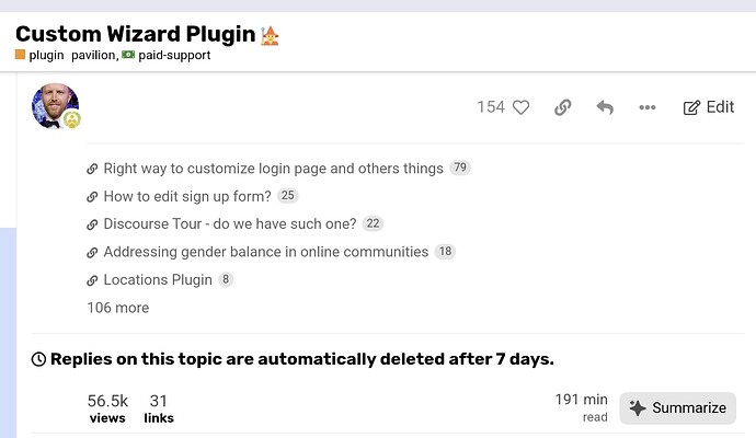 Custom wizard plugin topic shows 191 min read time