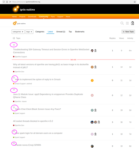 La imagen muestra una página web del foro "Ignite Realtime" con varios temas listados, incluidos problemas relacionados con Openfire, Spark Chat y módulos de Java 11. (Subtitulado por IA)