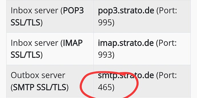 图片显示了两个收件箱服务器 pop3.strato.de 和 imap.strato.de 的详细信息，以及它们各自的端口（995 和 993），还有一个发件箱服务器 smtp.strato.de，由一个红圈标识，以及它的端口（465）。（由 AI 题注）