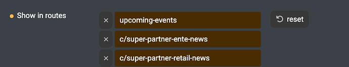 Cette capture d'écran affiche une interface utilisateur avec plusieurs boutons rectangulaires étiquetés avec des options telles que 'Show in routes', 'upcoming-events' et diverses catégories d'actualités. (Légendé par l'IA)