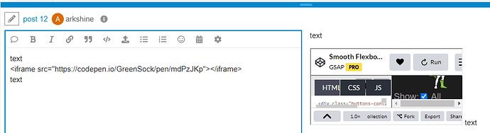 الصورة تعرض شاشة كمبيوتر بواجهة ويب على الجانب الأيسر تحتوي على محرر بنص ومقتطف كود iframe مضمن، وعلى الجانب الأيمن معاينة لمشروع CodePen بعنوان "Smooth Flexbox Navigation" مع خيارات لتشغيل الكود وعرضه في علامات تبويب HTML و CSS و JS. (تمت صياغة الشرح بواسطة الذكاء الاصطناعي)
