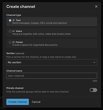the create channel modal
