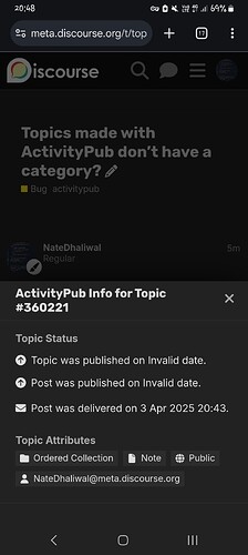Esta imagem mostra um tópico do servidor Discord intitulado Tópicos feitos com ActivityPub não têm categoria? que está atualmente rotulado como Bug e foi postado em uma data inválida, com o nome de conta NateDhaliwal. (Legenda por IA)