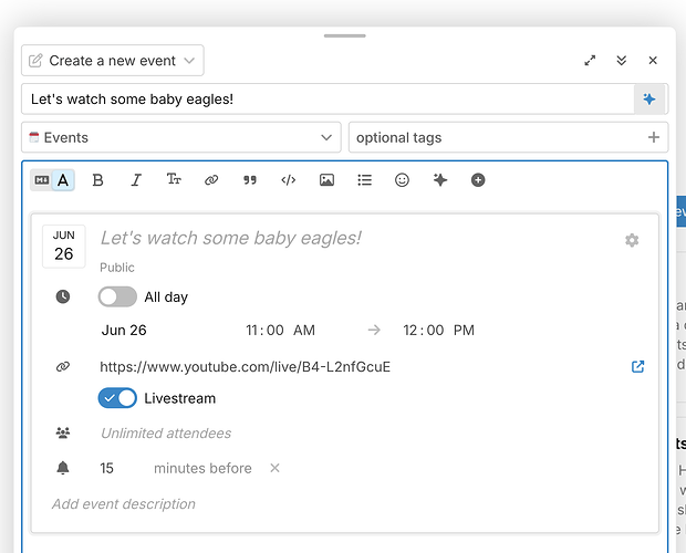 the discourse composer with an event block and livestream toggle on