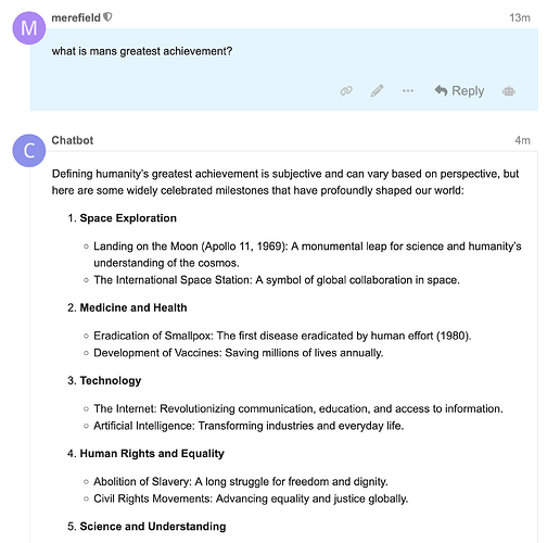 This image is a chat conversation where a user asks about humanity's greatest achievement, and the AI provides a list of celebrated milestones, including space exploration, medicine and health, technology, human rights and equality, and science and understanding. (Captioned by AI)
