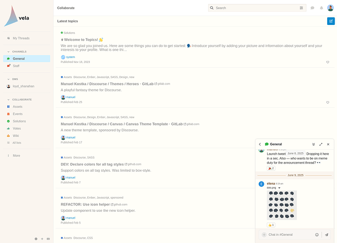L'immagine mostra uno screenshot di un'interfaccia di Slack con vari canali e argomenti, come 'Welcome to Vela 203', 'MANUEL KOSTK' e 'DEV: Declare colors for all tag styles', con alcuni post di discussione visibili nel canale 'General'. (Didascalia dell'IA)