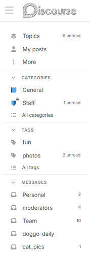 sidebar messages section with unread count