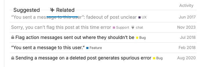 The image displays a list of various reported issues related to a messaging feature, with a gray lock icon indicating that flagging posts has be restricted, a purple heart indicating issues with the chat feature, a yellow bug icon indicating software bugs, and a blue feature icon indicating You sent... (Captioned by AI)