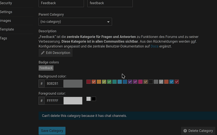 画像は、「フィードバック」という名前のフォーラムカテゴリのカテゴリ作成ページで、設定オプション、バッジ、およびチャットチャネルによる削除に関するエラーメッセージが表示されています。（AIによるキャプション）