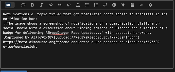 The image shows a message about translation issues, accompanying a screenshot from Discord featuring a mention of "SkypeDragon Fast Updates." (Captioned by AI)