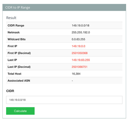 La imagen muestra una página de resultados para convertir una notación CIDR en un rango de IPs, incluyendo detalles como la máscara de red, bits de comodín, la primera y última dirección IP, el total de hosts y el número de sistema autónomo (ASN) asociado. (Subtitulado por IA)