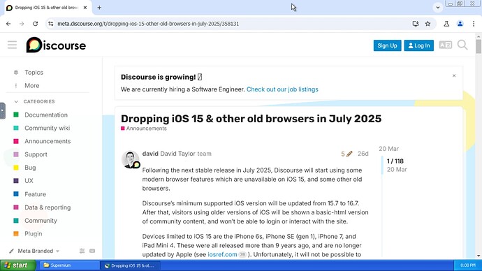 L'immagine mostra un post del blog del sito Discourse sull'abbandono di iOS 15 e altri browser meno recenti a luglio 2025, annunciando che le nuove versioni stabili saranno obsolete nelle versioni precedenti. (Didascalia dell'IA)