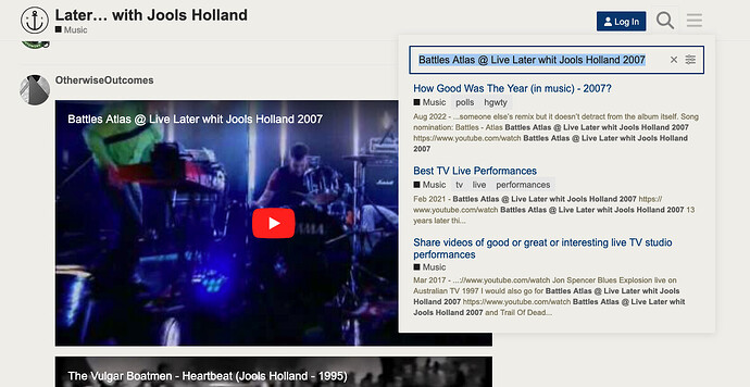 这张图片显示了一个 YouTube 网页，其中包含用户“OtherwiseOutcomes”发布的标题为“Battles Atlas @ Live Later whit Jools Holland 2007”的帖子，以及一个表演视频的部分视图和右侧的相关内容。 (AI 标注)