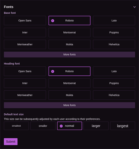 L'image montre un menu de paramètres de polices où "Roboto" est sélectionné comme police de base et de titre, avec une taille de texte par défaut définie sur "normal". (Légendé par l'IA)