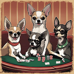 Four chihuahuas playing poker