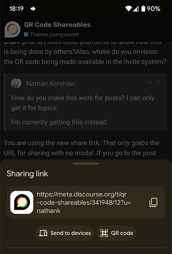 Uma captura de tela exibindo uma conversa sobre compartilháveis de código QR e um link de compartilhamento com uma opção de código QR. (Legenda da IA)