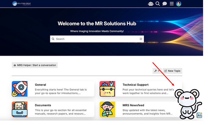 The image shows the MR Solutions Hub homepage with various sections like General, Technical Support, and Documents, along with a New Topic button highlighted for creating new discussions. (Captioned by AI)