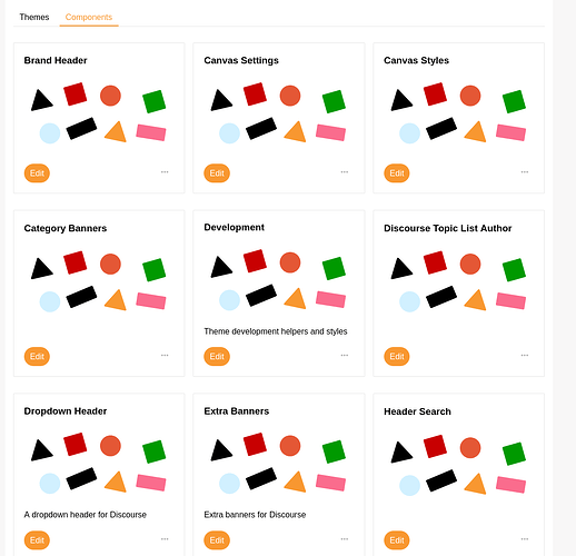 L'image montre une variété d'options de thèmes et de composants pour un site Web, étiquetées sous des en-têtes tels que « Brand Header », « Canvas Styles », « Development » et « Extra Banners », chacune avec un tableau de formes colorées et des descriptions textuelles telles que « Theme development helpers and styles ». (Légendé par l'IA)