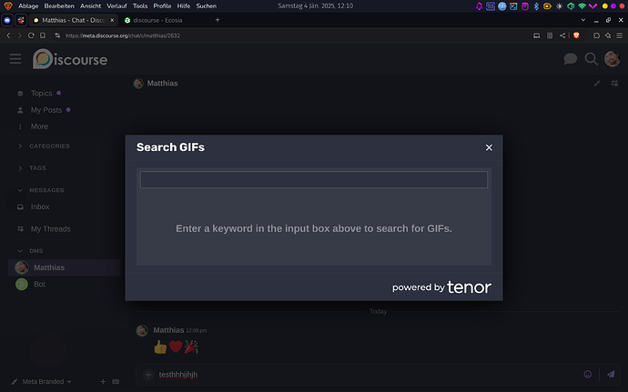 L'image montre une interface de recherche de GIF sur un forum Discourse, proposée par Tenor. (Légendée par l'IA)