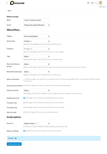 La imagen muestra un formulario de configuración de script de Discord para rastrear publicaciones utilizando una persona de IA, detallando las condiciones y configuraciones para activar la automatización. (Subtitulado por IA)