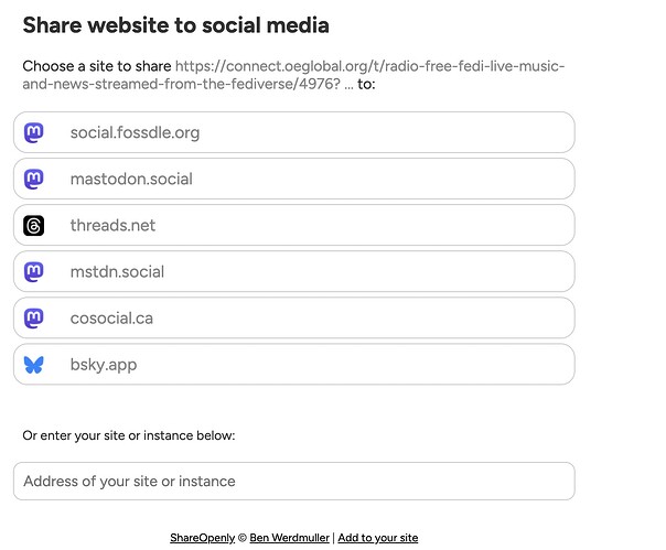 Compartilhar site em mídias sociais indicando um link a ser compartilhado de nosso site de discurso, várias opções para canais fediverse mais uma caixa para inserir outra instância