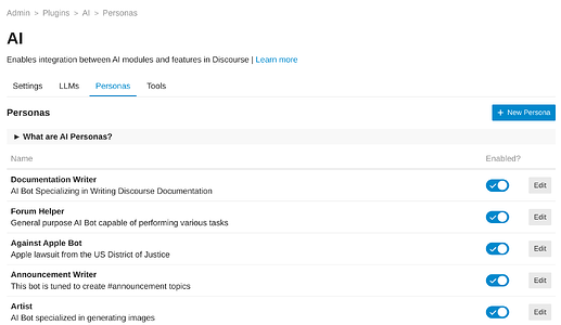 UI de configuração do plugin Discourse AI
