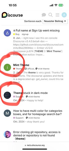L'immagine mostra uno screenshot del canale di feedback di Discord con diversi post degli utenti sul tema Mint, inclusa una segnalazione di bug "Il nome completo alla registrazione è scomparso" e una richiesta di supporto "Il tema è bloccato in modalità oscura". (Etichettato dall'IA)