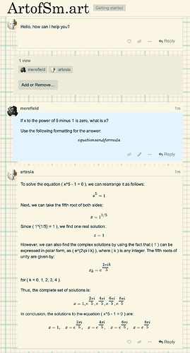 Das Bild zeigt einen Ausschnitt eines textbasierten Gesprächs in einer Messaging-App, der darauf hinweist, dass es um Kunst und insbesondere um eine Konversation über die Gleichung x^2 + y^2 = 5 geht. (Beschriftet von KI)