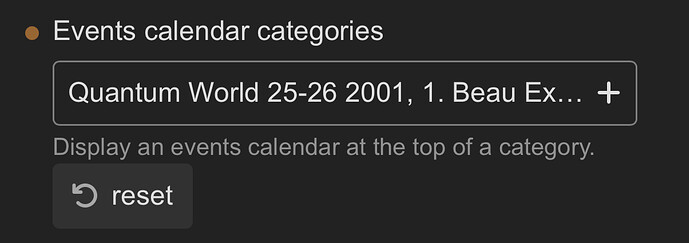 Uma captura de tela exibe uma seção de página da web para filtrar categorias de calendário de eventos, com um evento exibido intitulado 'Quantum World 25-26 2001, 1. Beau Ex...' e um botão 'reset'. (Legenda da IA)