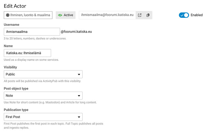 Das Bild zeigt eine Einstellungsseite für das Profil eines Benutzers auf einer Social-Media-Plattform mit Details wie Benutzername, Name, Sichtbarkeit, Beitragsobjekttyp und Publikationstyp. (Beschriftet von KI)