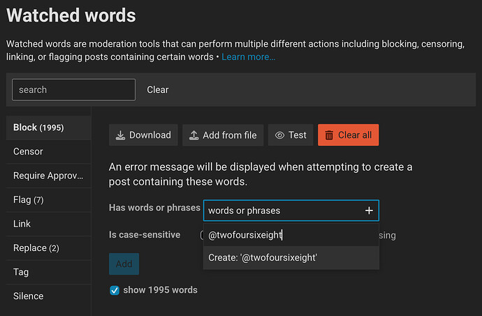 The image shows a "Watched words" editing interface on a moderation tool, where users can add, test, or clear words or phrases for actions like blocking, censoring, linking, or flagging posts. (Captioned by AI)