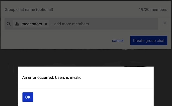 L'image montre un message dans une interface de création de groupe de discussion indiquant « Une erreur s'est produite : L'utilisateur n'est pas valide », avec un bouton « OK » pour accuser réception du message. (Légendé par l'IA)