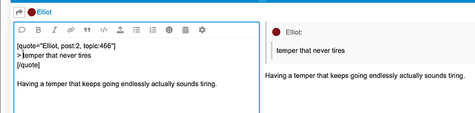 The image shows an online forum post by user Elliot quoting themselves saying temper that never tires followed by an observation that having an endless temper sounds tiring. (Captioned by AI)