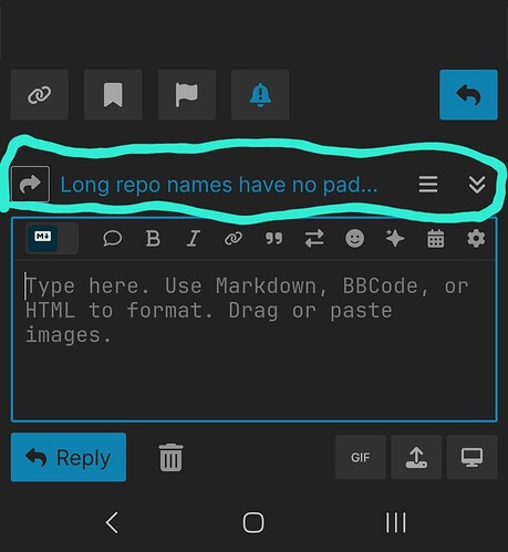 La imagen muestra la interfaz de una aplicación móvil con un texto parcialmente visible que dice "Los nombres de repositorios largos no tienen relleno..." en una ventana de navegador animada. (Subtitulado por IA)