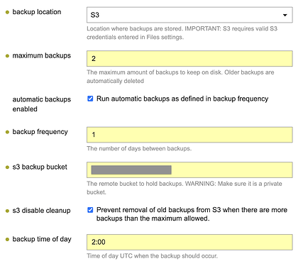 Discourse backups settings