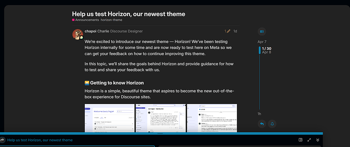 The image promotes a new theme, Horizon, for Discourse, inviting community members, like Charlie from the Discourse Design team, to test and provide feedback using Meta. (Captioned by AI)