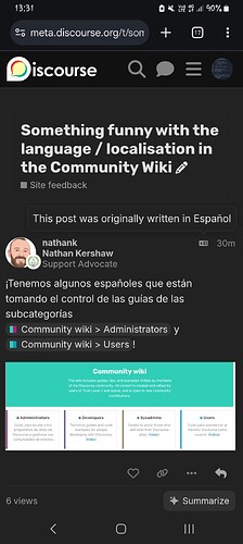 This image shows a Discourse post by Nathan Kershaw about humorous issues with language localization in the Community Wiki, originally written in Spanish. (Captioned by AI)