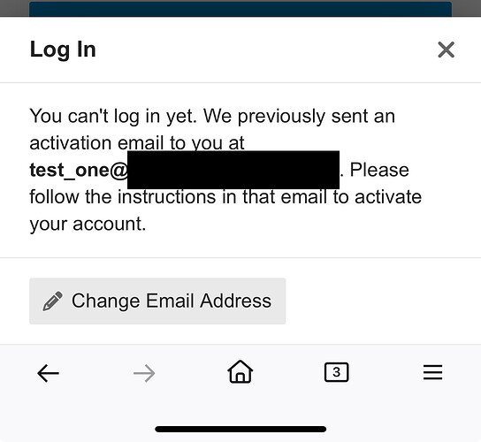 This image shows an error message instructing the user to check their email for activation instructions for logging into their account, with the email address partially blurred. (Captioned by AI)