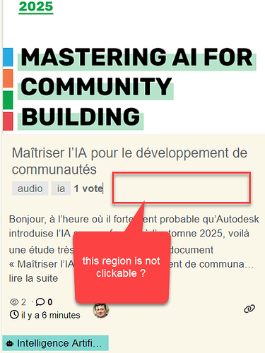 L'image montre une capture d'écran d'un en-tête d'article avec le titre '2025 : MAÎTRISER L'IA POUR LA CONSTRUCION DE COMMUNAUTÉS', le texte principal partiellement visible, et un lien mis en évidence indiquant 'cette région n'est pas cliquable' ainsi qu'une boîte rouge pointant vers un dégradé de lien non fonctionnel. (Légendé par l'IA)