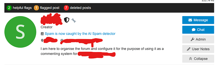 Cette image semble être une capture d'écran d'un forum ou d'un tableau de messages, montrant les détails du profil de l'utilisateur appelé "Spam", qui est masqué, ainsi que divers boutons et options liés à l'administration et à la gestion du forum. (Légendé par l'IA)