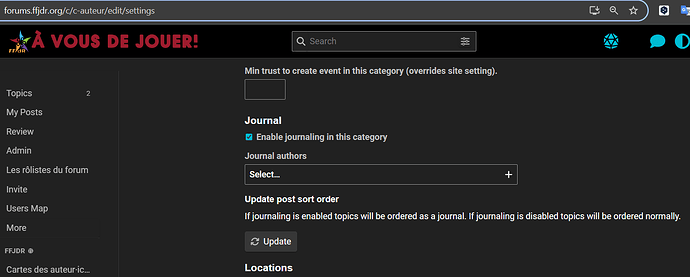 The image displays a website interface with a section for enabling and configuring journal functionality within a forum category. (Captioned by AI)