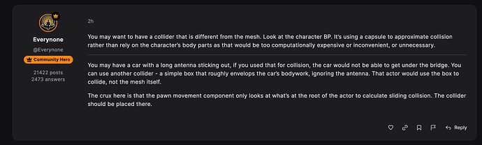 Esta imagem contém uma captura de tela de um comentário do YouTube de um usuário chamado "Everyone" discutindo o uso de coliders no design e animação de personagens, sugerindo a implementação de uma forma de cápsula para computação de colisão em vez de uma antena longa, e mencionando a conveniência de usar uma caixa simples para evitar complicações. (Legenda por IA)