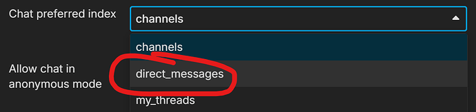 A imagem mostra uma interface do Slack onde o usuário pode escolher diferentes canais e mensagens diretas para preferências de chat, com "direct_messages" destacado em vermelho. (Legenda gerada por IA)