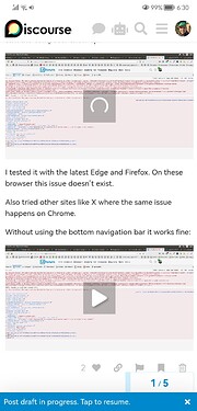 A imagem mostra uma janela de navegador exibindo o software de fórum Discourse, onde um usuário está relatando um problema com um reprodutor de vídeo ou áudio ausente em determinados sites ao usar o navegador Chrome, mas o problema não ocorre em outros navegadores como Edge ou Firefox ou quando a barra de navegação inferior está oculta. (Legenda da IA)