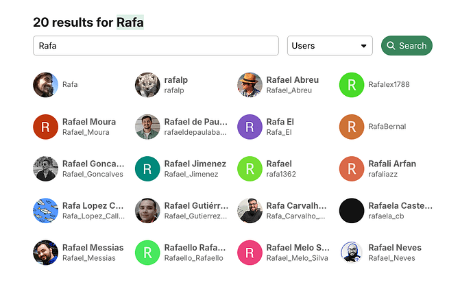 The image displays a search results page listing various user profiles with names beginning with "Rafael" and others with similar beginning letters, each accompanied by a profile picture. (Captioned by AI)