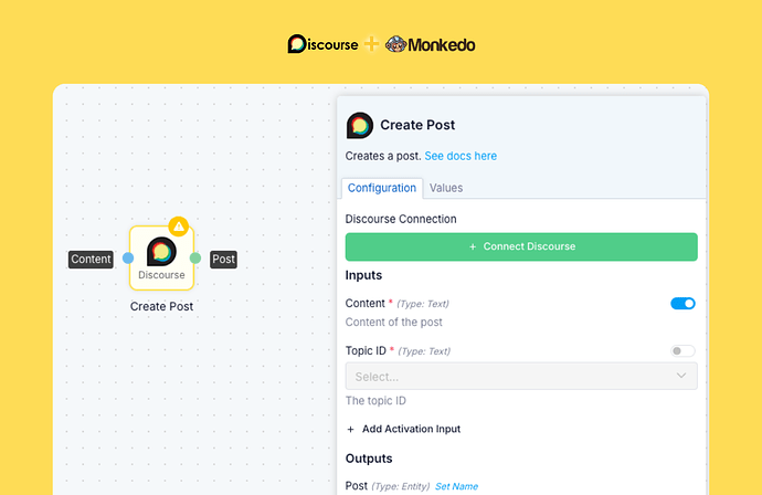 L'immagine è uno screenshot di un plugin chiamato "Monkeda" di Discord che mostra un'integrazione con Discourse, con un modulo per creare una connessione "Crea Post" con campi di input per il contenuto e l'ID dell'argomento, e un output per assegnare un nome a un'entità di post.