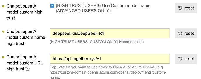 The image shows a user interface for configuring a Chatbot under "High Trust" settings, where a custom model name and URL can be inputted for advanced users. (Captioned by AI)