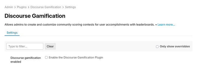 L'image montre une page de paramètres pour un plugin appelé Discourse Gamification dans une configuration d'administration d'une plateforme en ligne, qui permet aux administrateurs d'activer un plugin qui suit et présente les réalisations des utilisateurs via des classements personnalisables. (Légendé par l'IA)