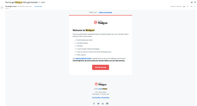 A imagem é uma captura de tela da página de boas-vindas do Mailgun detalhando a configuração da conta e os recursos para um serviço de e-mail do Mailgun. (Legenda da IA)
