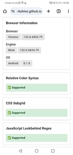 この画像は、Chrome バージョン 132.0.6834.79、Blink エンジン、Android OS バージョン 8.1.0、および相対色構文、CSS サブグリッド、JavaScript ルックビハインドのサポートがすべて有効になっていることを含むブラウザ情報を示しています。(AI によるキャプション)